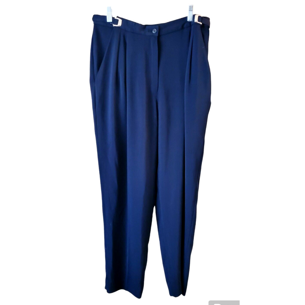 Vintage Peter Nygard Triacetate Pleated Adjustable Buckle Navy Trousers Pants 10
